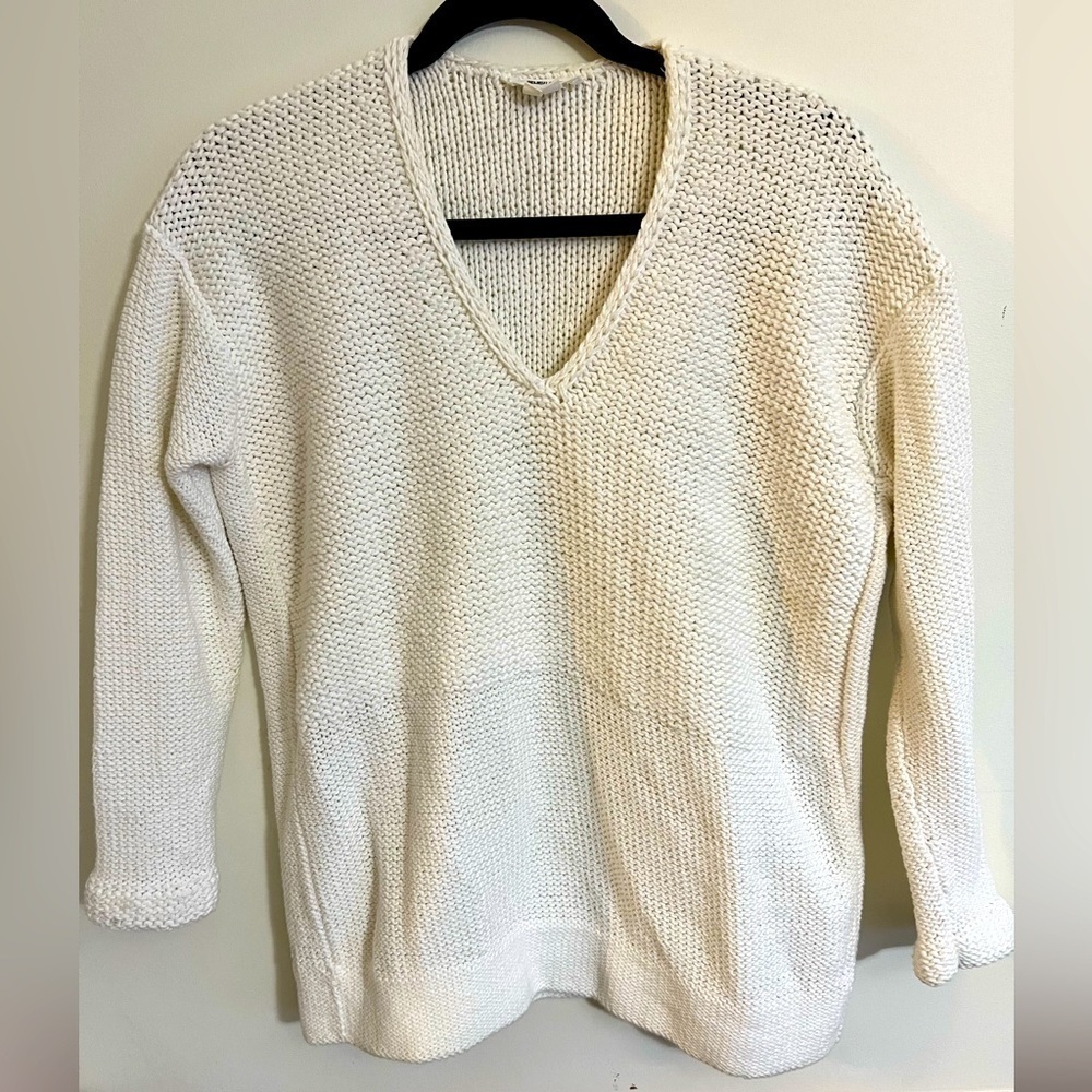 Helmut Lang Deep V Fisherman Knit Dropped Shoulder Cotton Blend Sweater Small